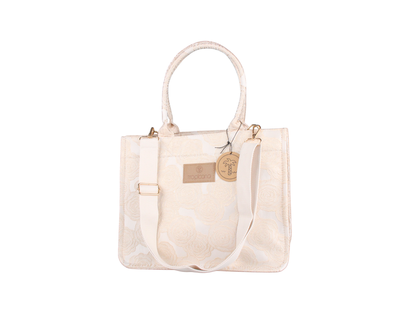 MEDIUM WOVEN TOTE BAG ROSES BEIGE