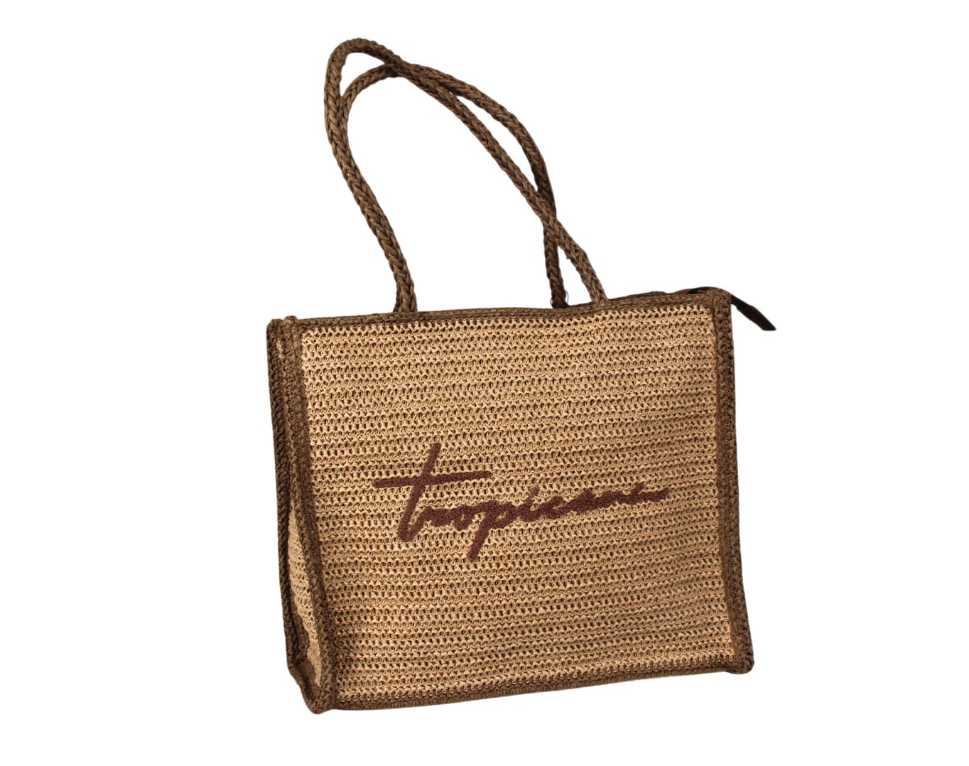 Straw Beach Bag Tropicana Embroidery Brown