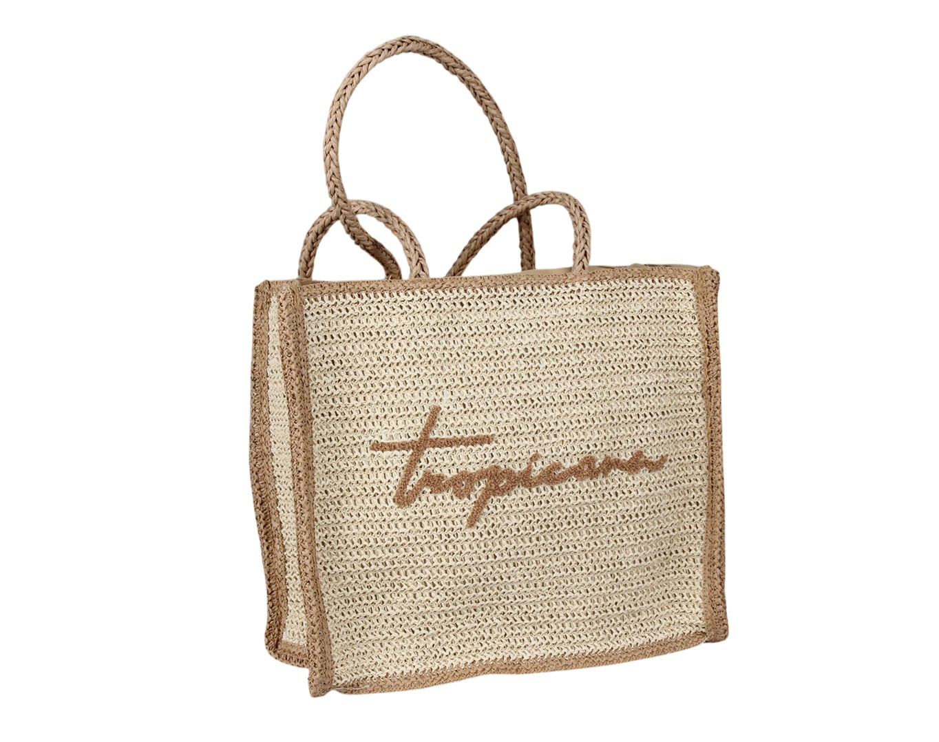 Straw Beach Bag Tropicana Embroidery Beige