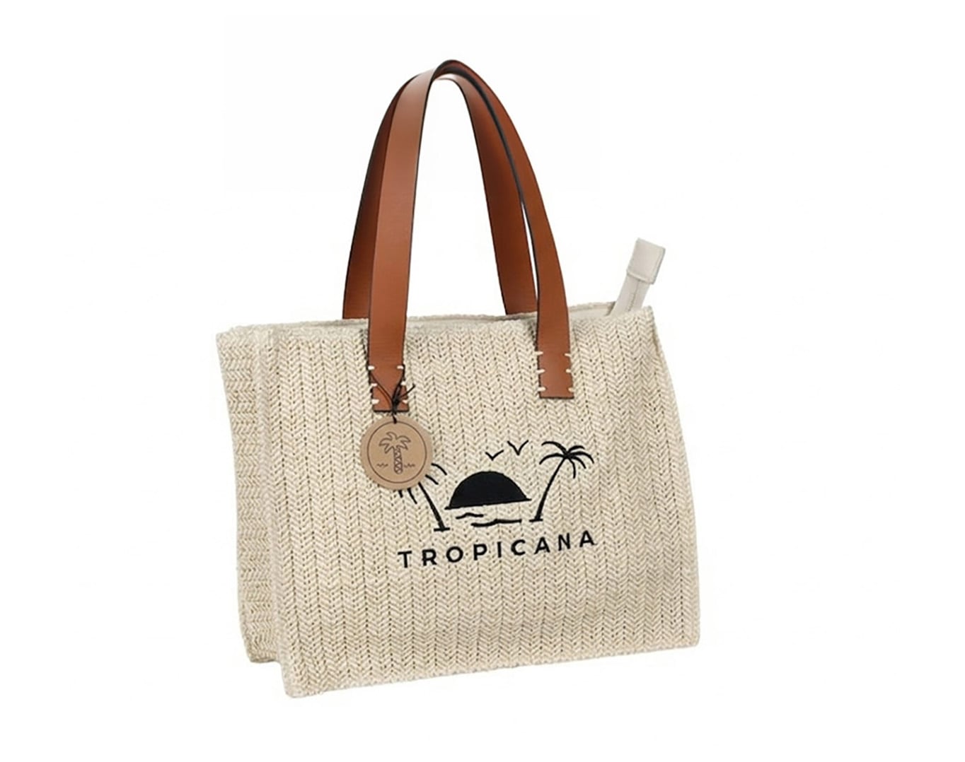 Straw Beach Bag Tropicana Embroidery Beige