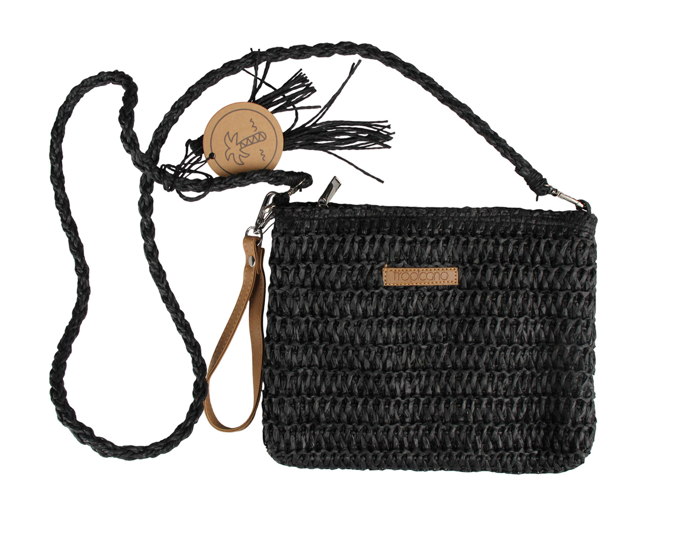 Straw Crossbody Bag Tropicana Patch Black