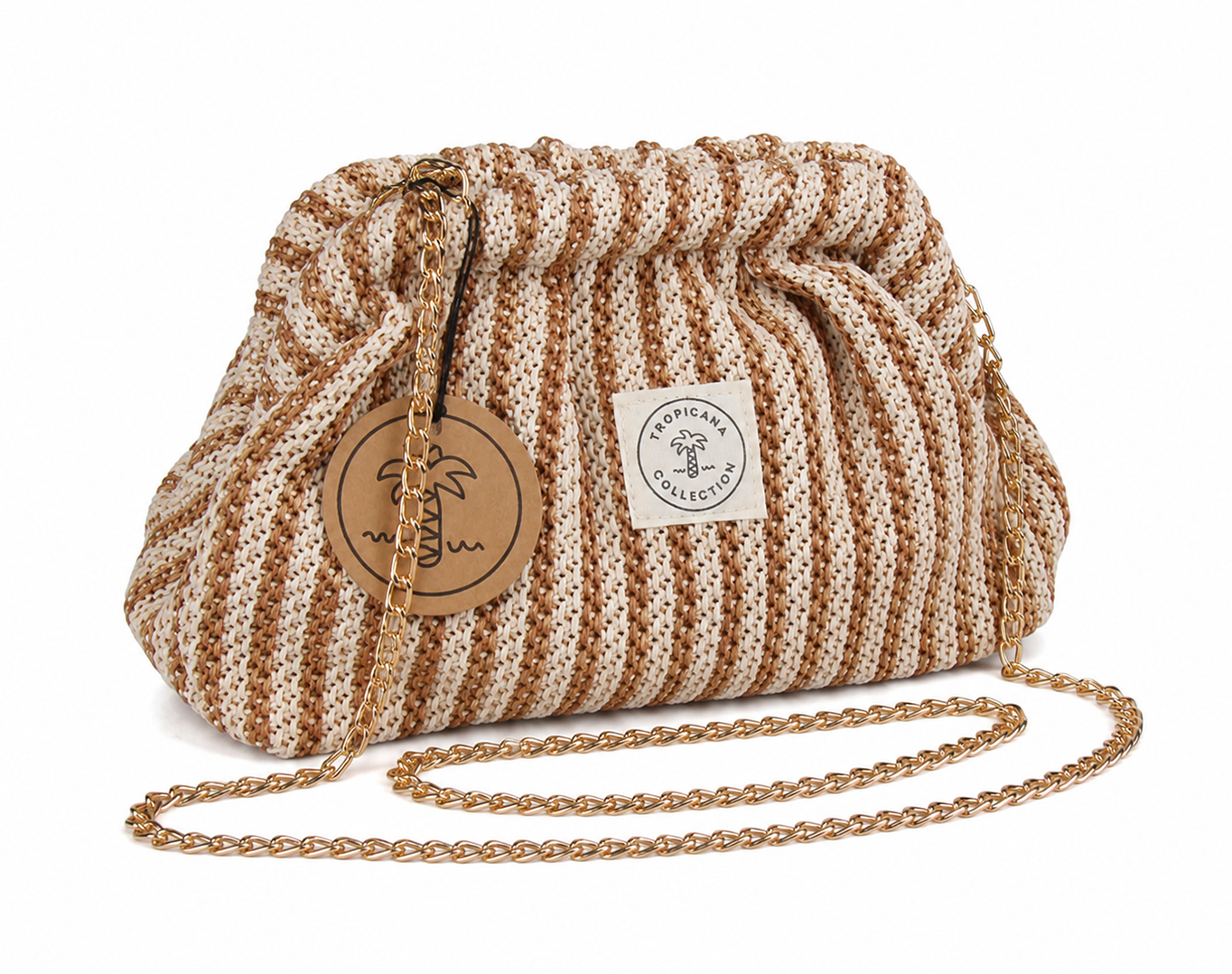 Knitted Pouch Bag With Chain Tropicana Patch Beige