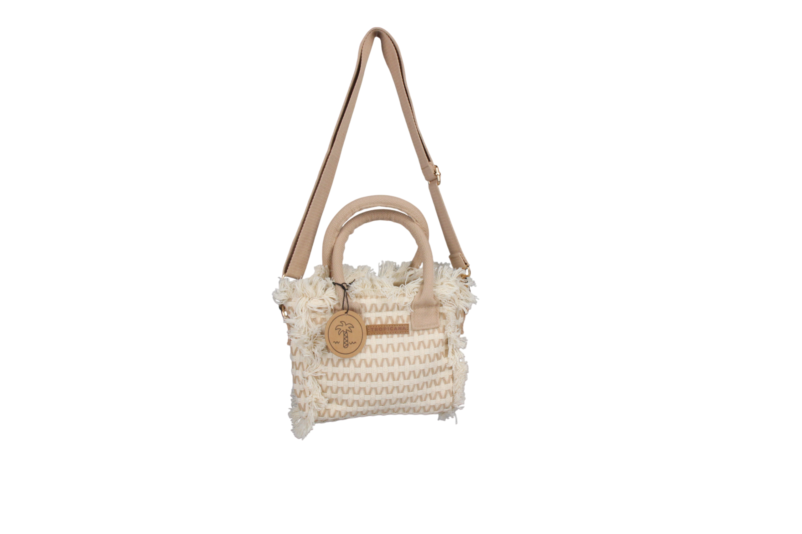 Crochet Mini Shoulder Bag With Fringes Beige