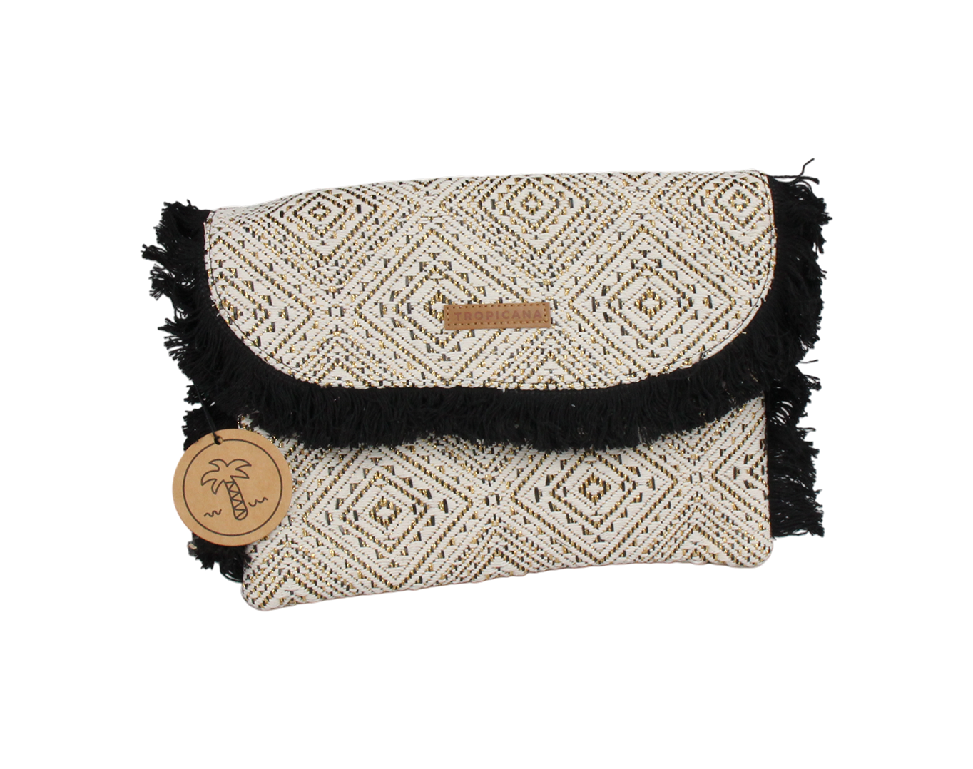Boho Fringe Clutch Bag Tropicana Patch Black