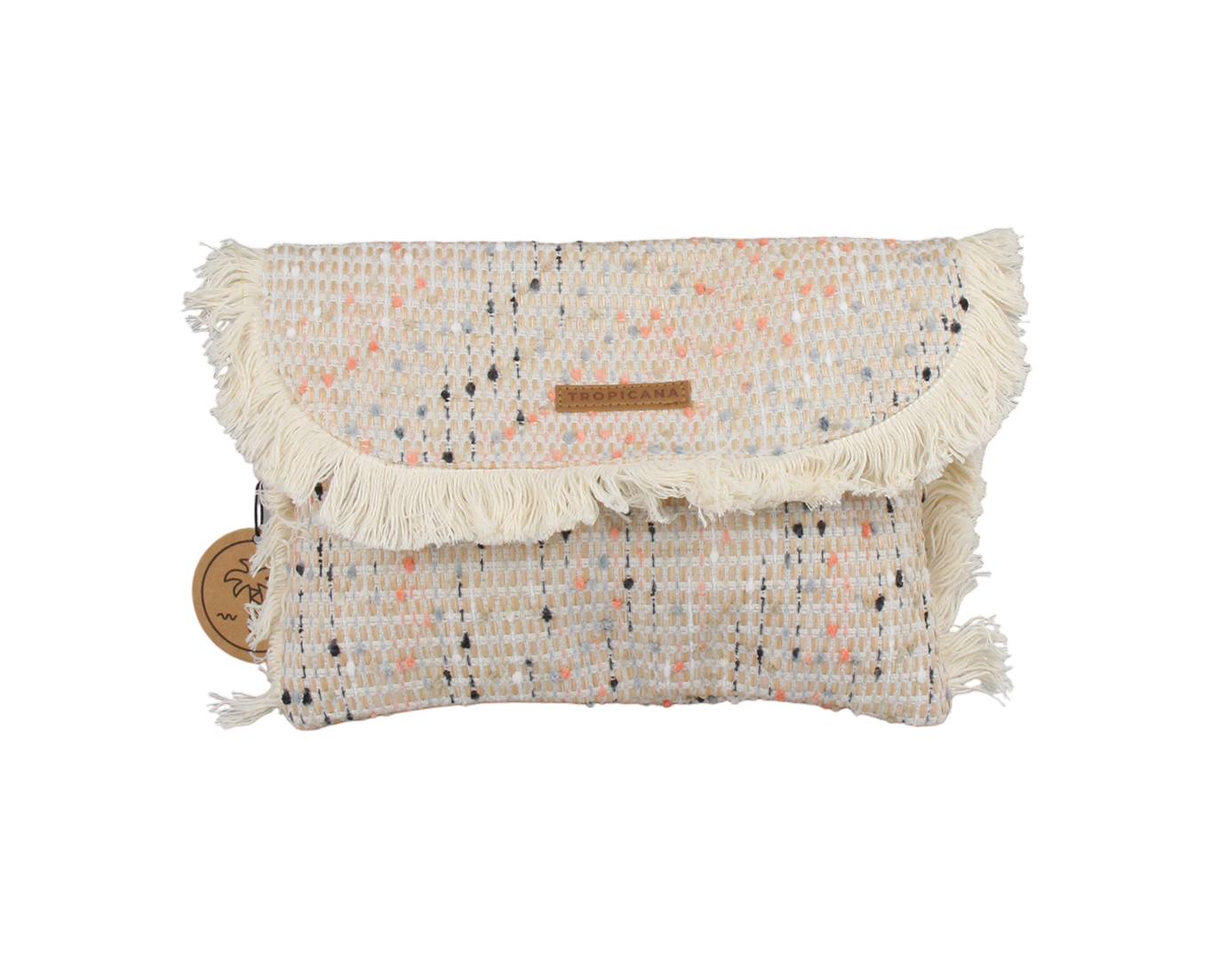 Boho Fringe Clutch Bag Tropicana Patch Beige