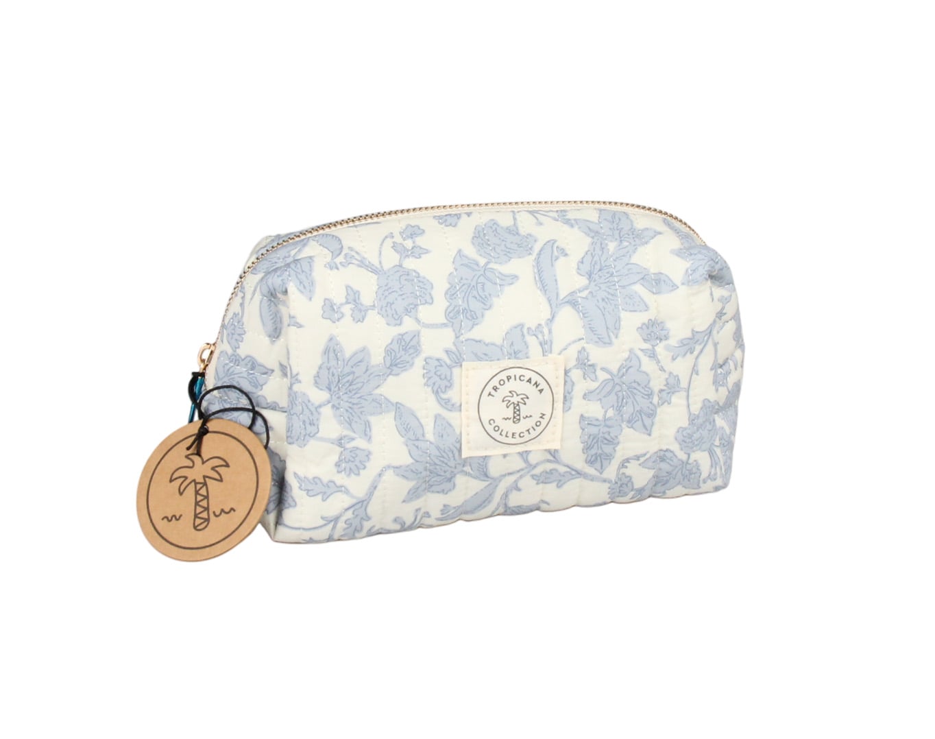 QUILTED FLORAL COSMETIC POUCH LIGHT BLUE