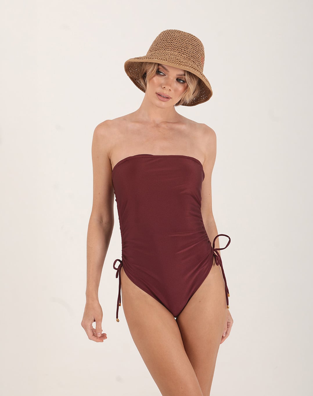 One Piece Square Neck with Adjustable Sides Shiny Burgundy