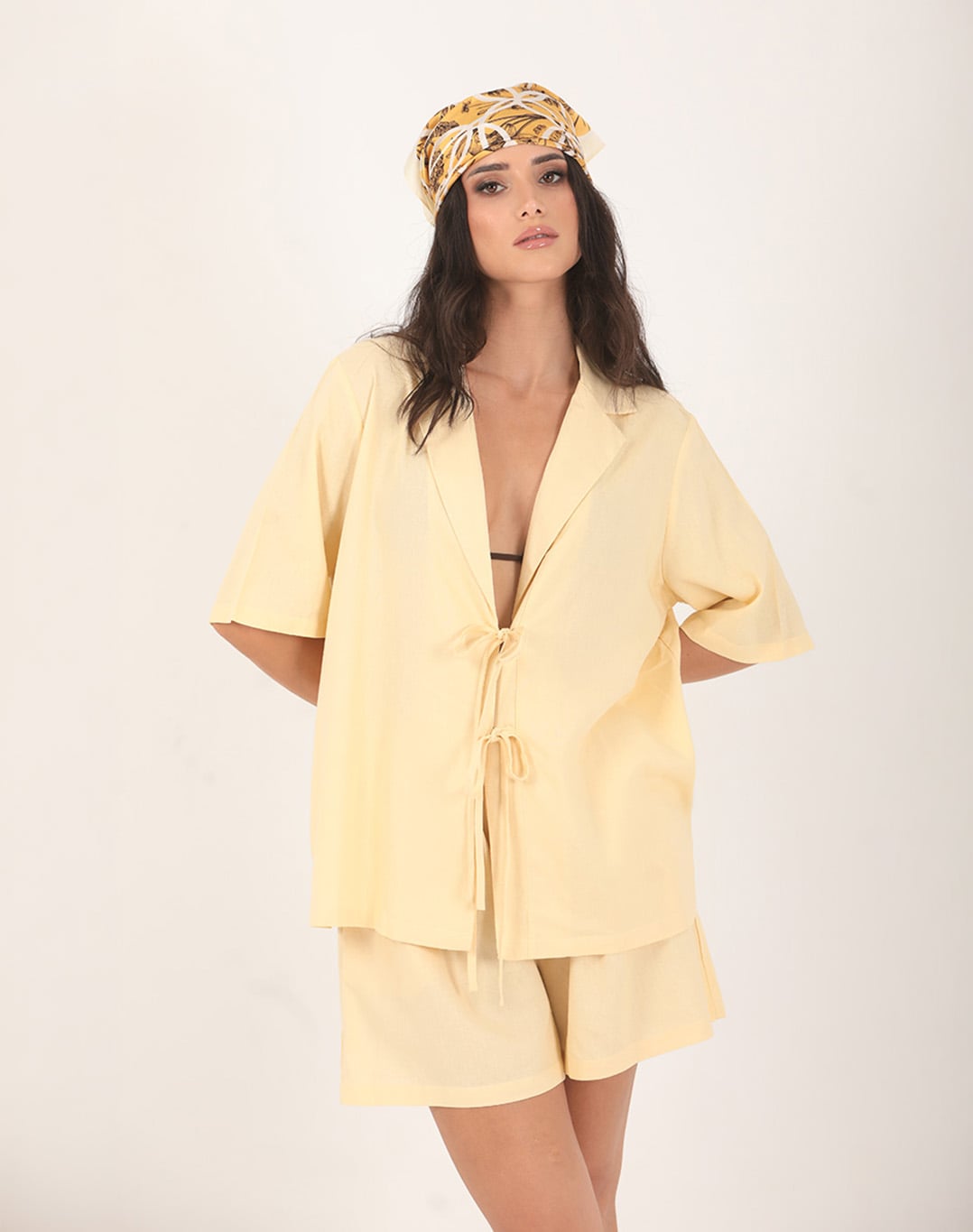 Nyra Linen Tie Front Shirt Light Yellow