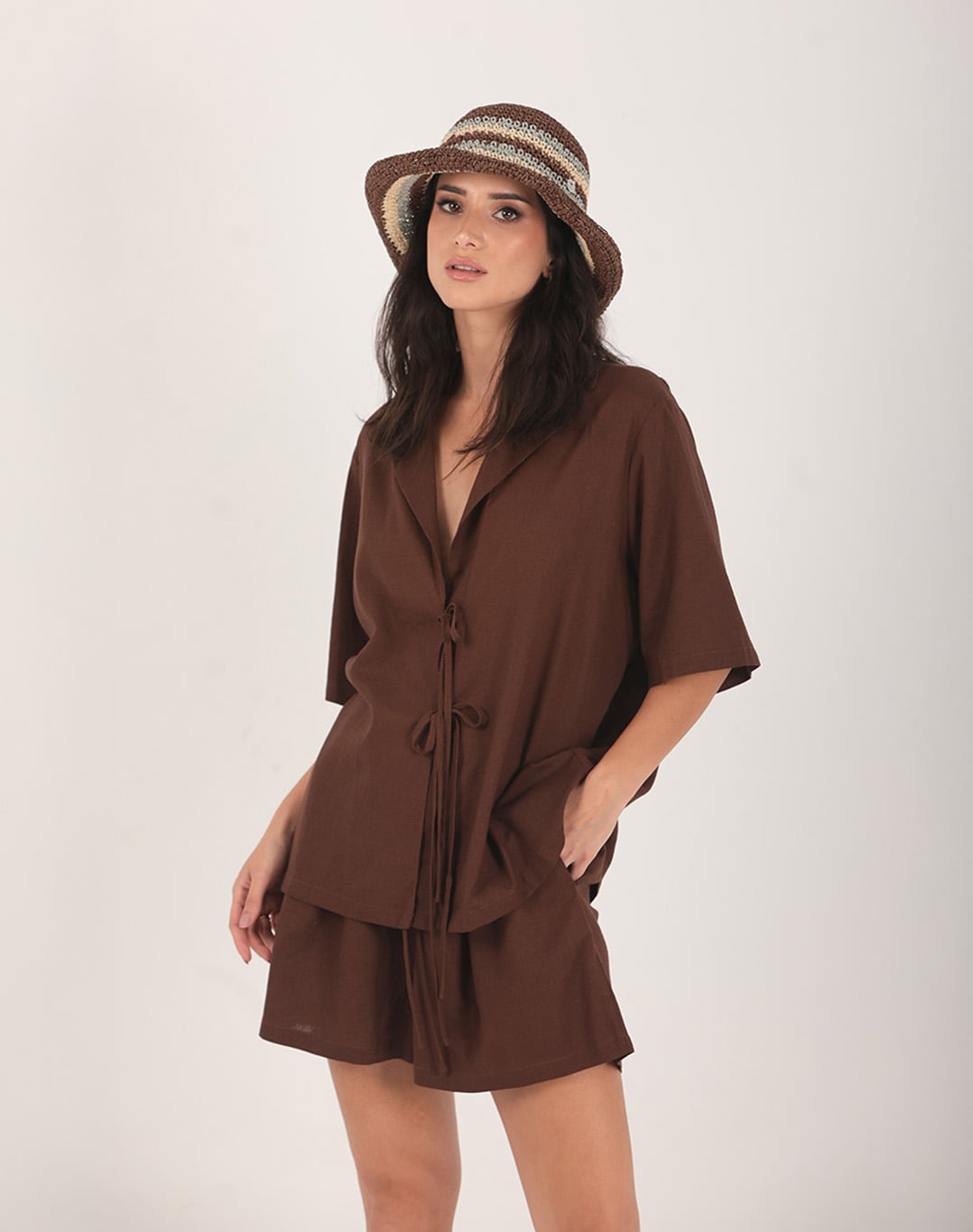 Nyra Linen Tie Front Shirt Brown
