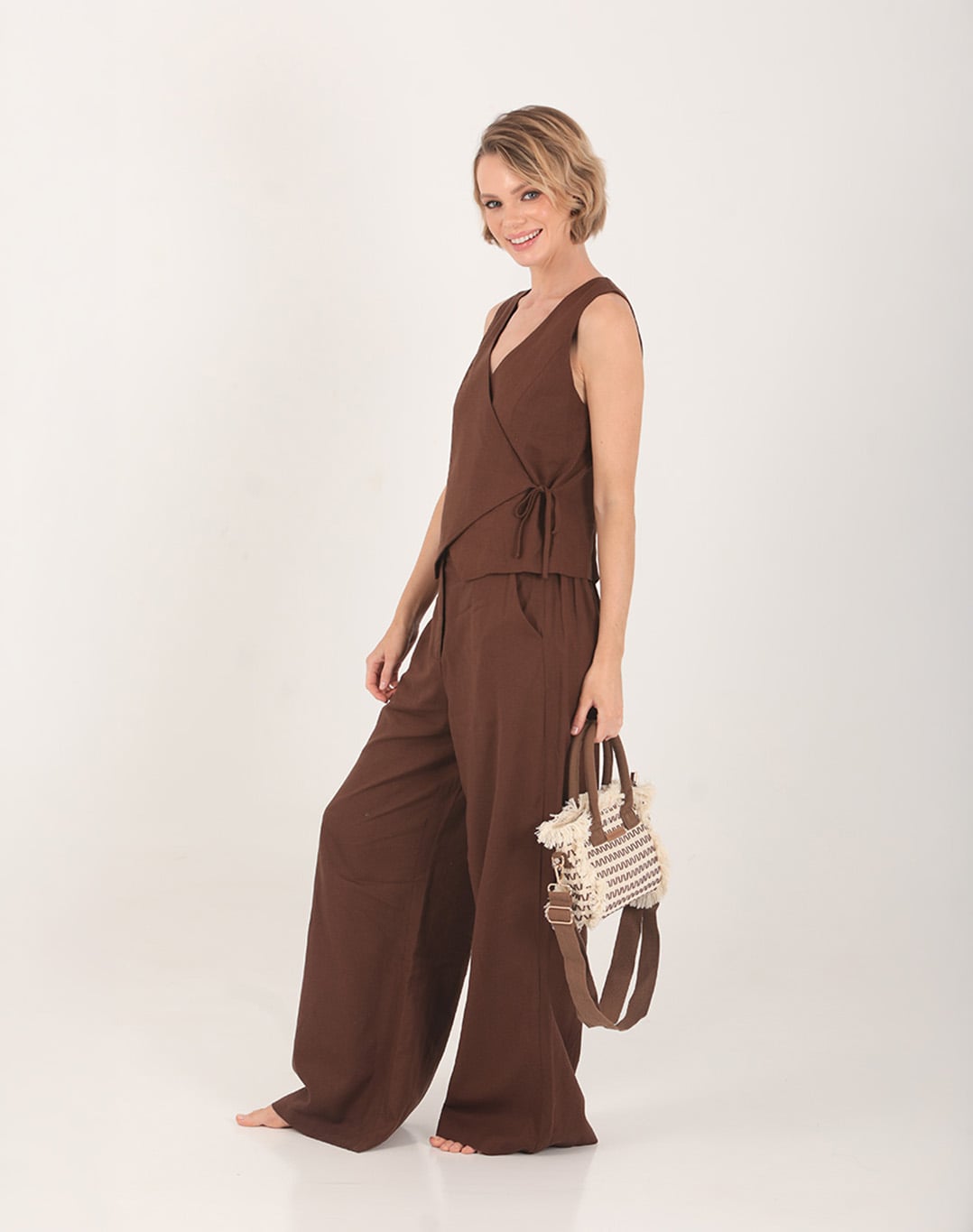 Zaya Linen Wrap Top Brown