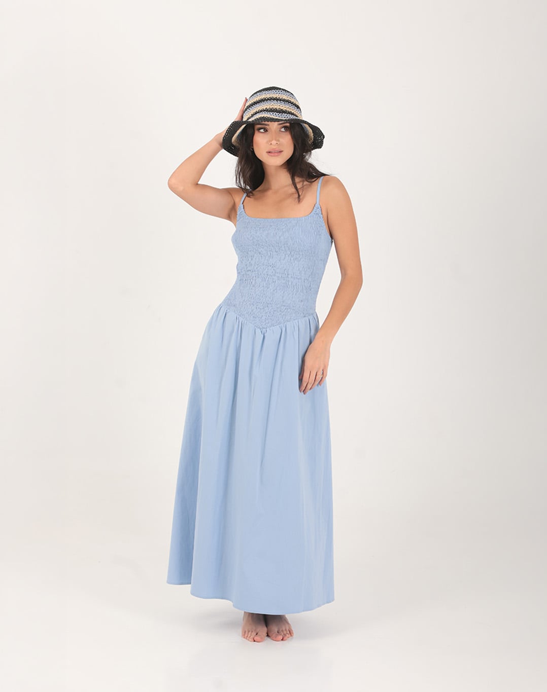 Helena Smocked Cotton Dress Light Blue