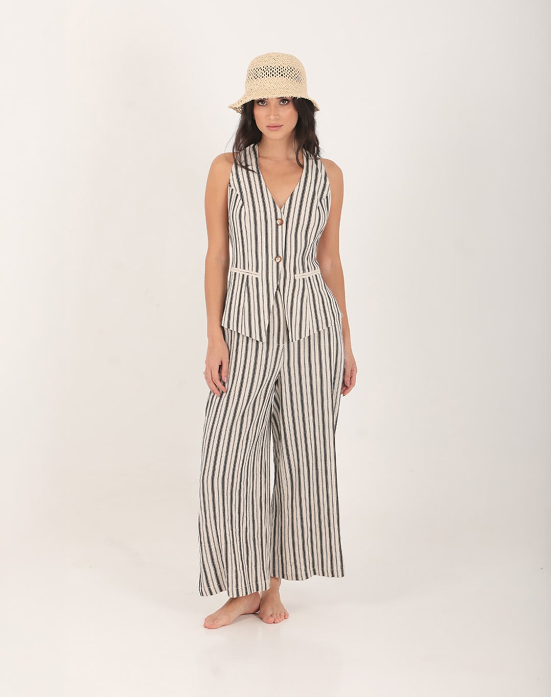 Lily Linen Striped Open Back Vest Ecru