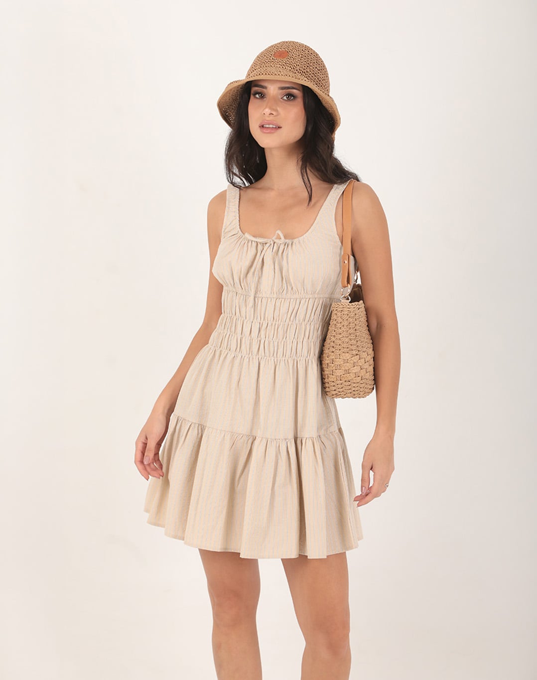 Yolanda Mini Striped Dress Beige