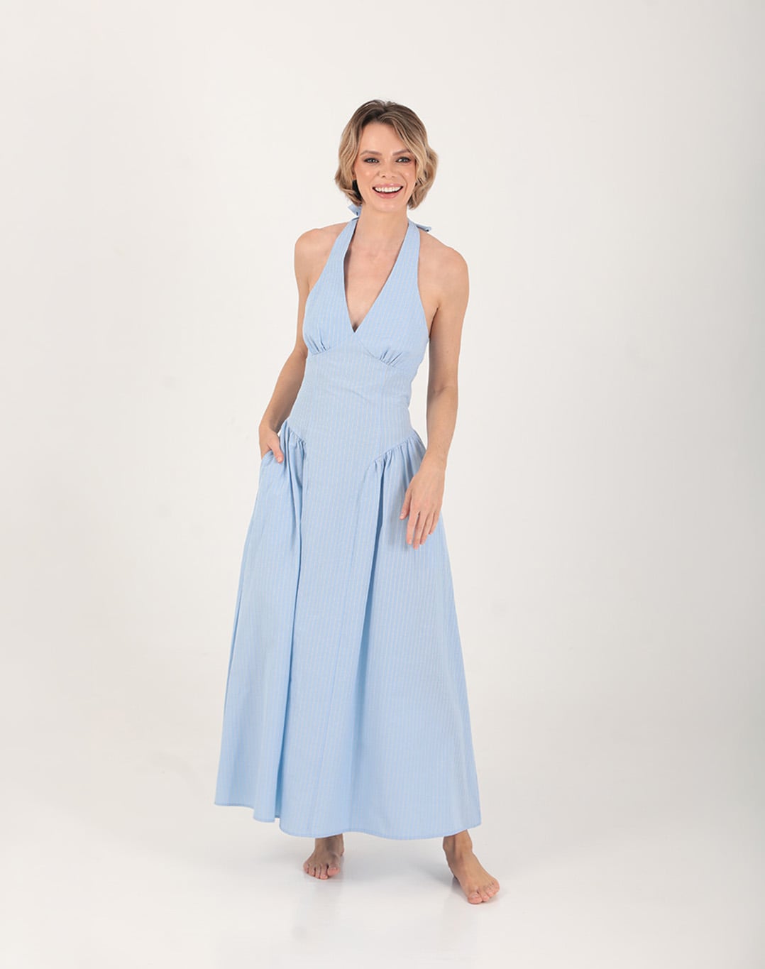 Capri Striped Open Back Dress Light Blue