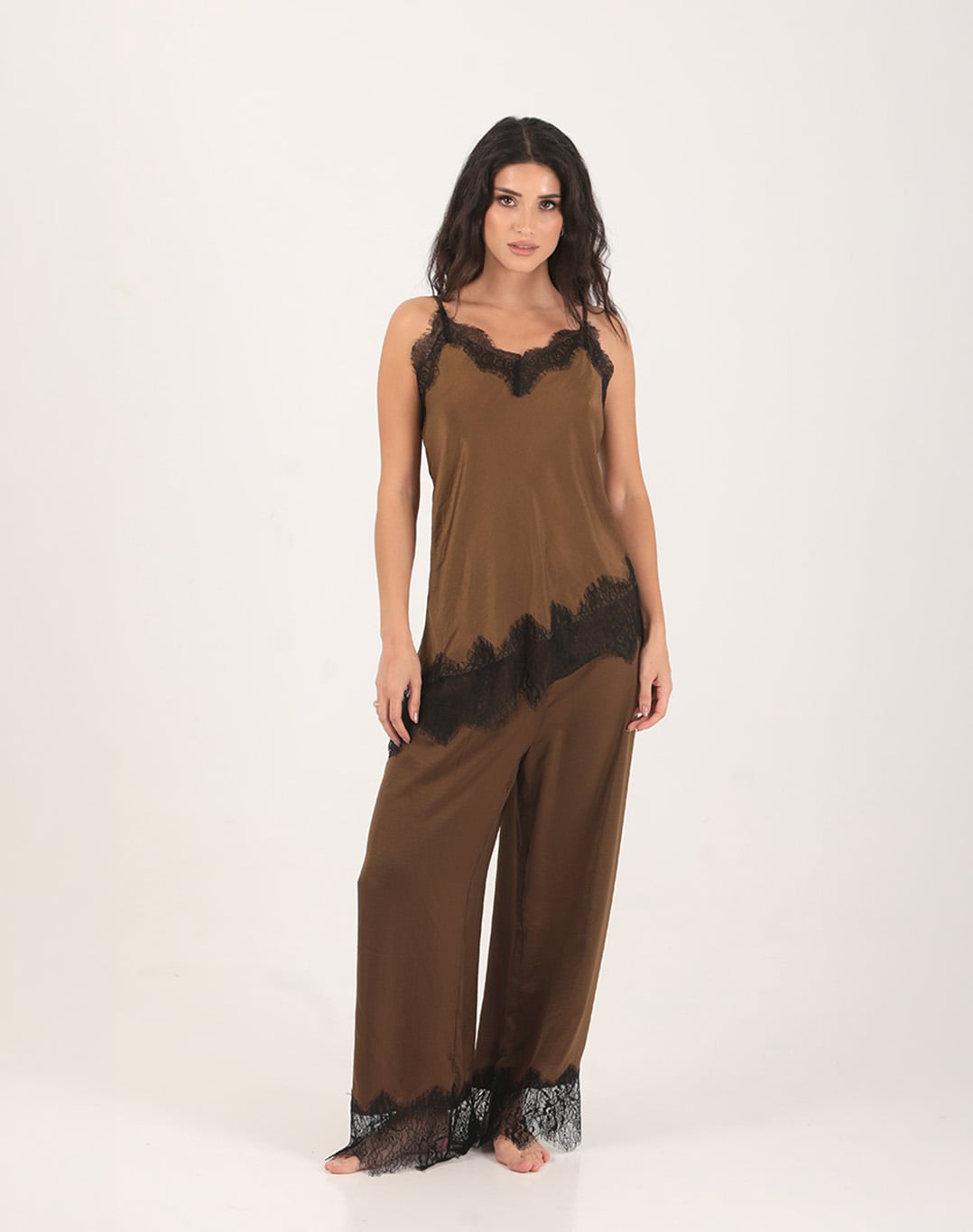 Whisper Silk-Feel Lace Top Khaki
