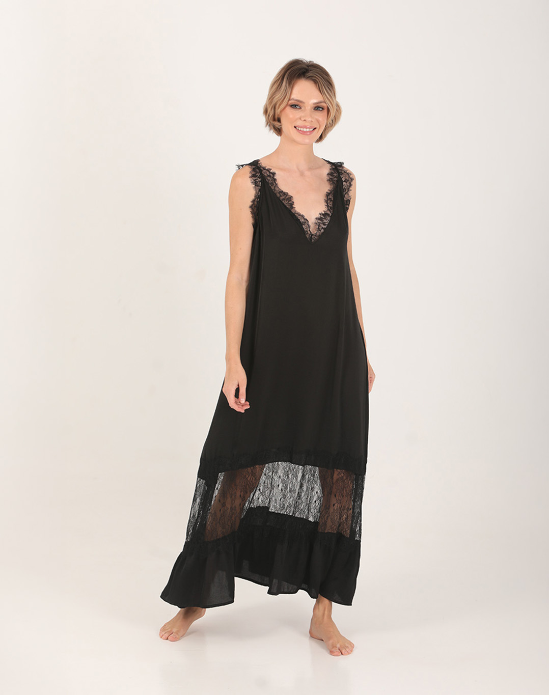 Noir Silk-Feel Lace Maxi Dress Black